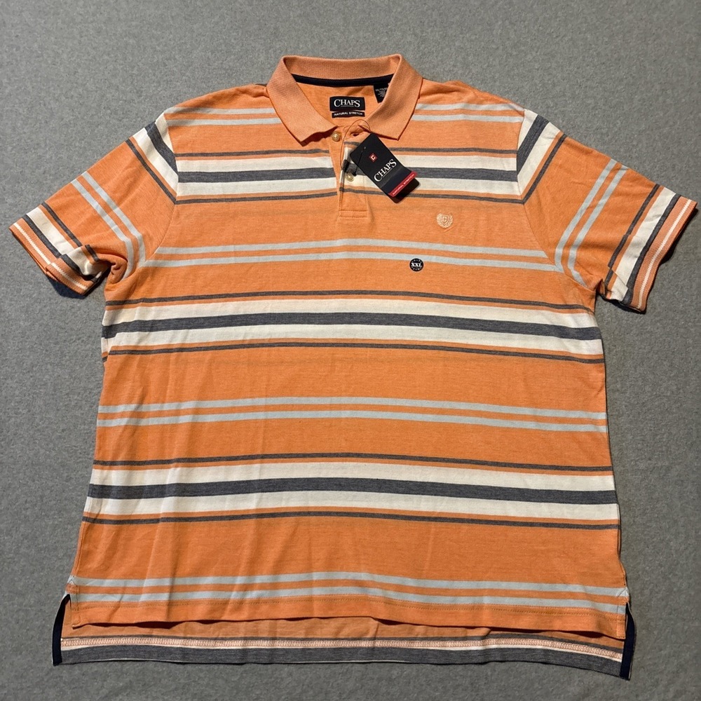 Chaps Natural Stretch Men's Polo Shirt Sz 2XL Orange Blue Striped BRAND NEW